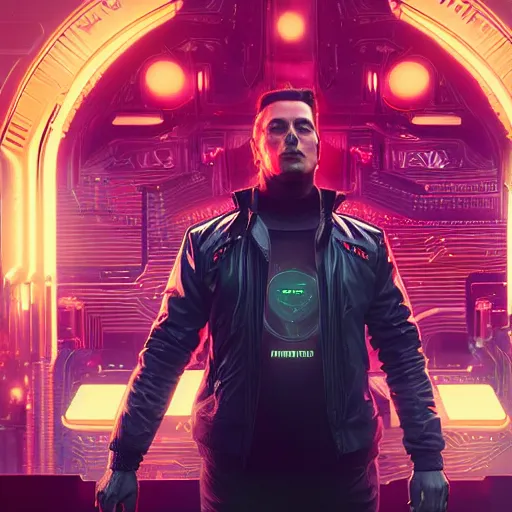 Image similar to ominous portrait, portrait of Elon Musk as a cyberpunk 2077 loading screen, symmetry, front view, intricate, studio, art by anthony macbain + greg rutkowski + alphonse mucha, concept art, 4k, sharp focus