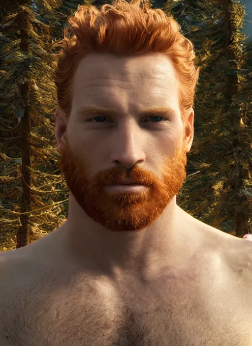 Image similar to beauteous handsome rugged sumptuous man wrapped in dna molecule, incredible ginger hair, projected ray traced oled retinal overlays, crystalline masterpiece incrustations, hyperdetailed face, elegant pose, movie still, intricate, octane render, cinematic forest lighting, cgsociety, unreal engine, crepuscular rays, god rays