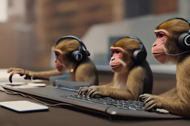Image similar to monkeys playing on computer using headphones. ultra-detailed, 8k, octane render