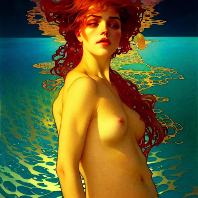 Prompt: mind bending sapphire ocean waves of glossy psychedelic liquid honey drops flowing like kaleidoscopic translucent amber, lsd waves, psychedelic ripples, crystal clear, backlit, sunset, refracted lighting, art by collier, albert aublet, krenz cushart, artem demura, alphonse mucha