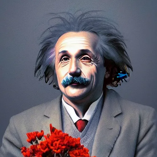 Image similar to portrait of einstein, holding a bouquet of flowers ， exude an eternity ， hyperrealistic, by beeple, greg rutkowski, caspar david friedrich, smooth, illustration, elegant, artstation, digital painting.