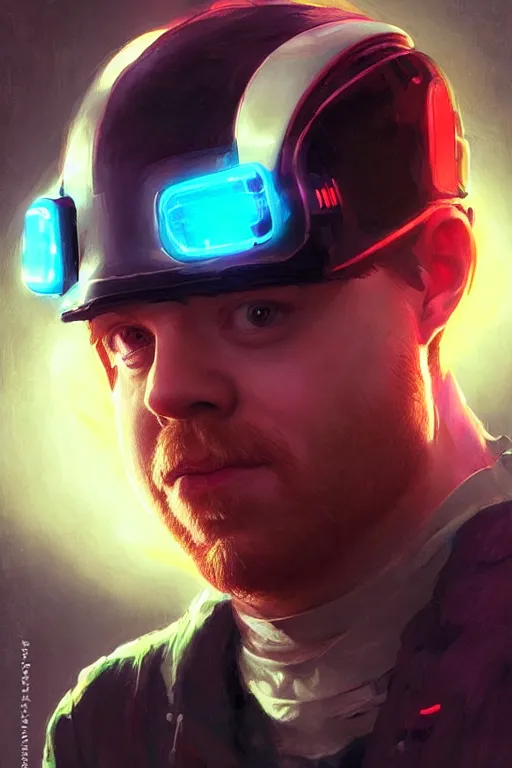 Image similar to portrait of Rupert Grint as Ron Wisly with visor in cyberpunk, neon lighting, night city, digital art from artstation by Ruan Jia and Mandy Jurgens and Artgerm and william-adolphe bouguereau and Greg Rutkowski