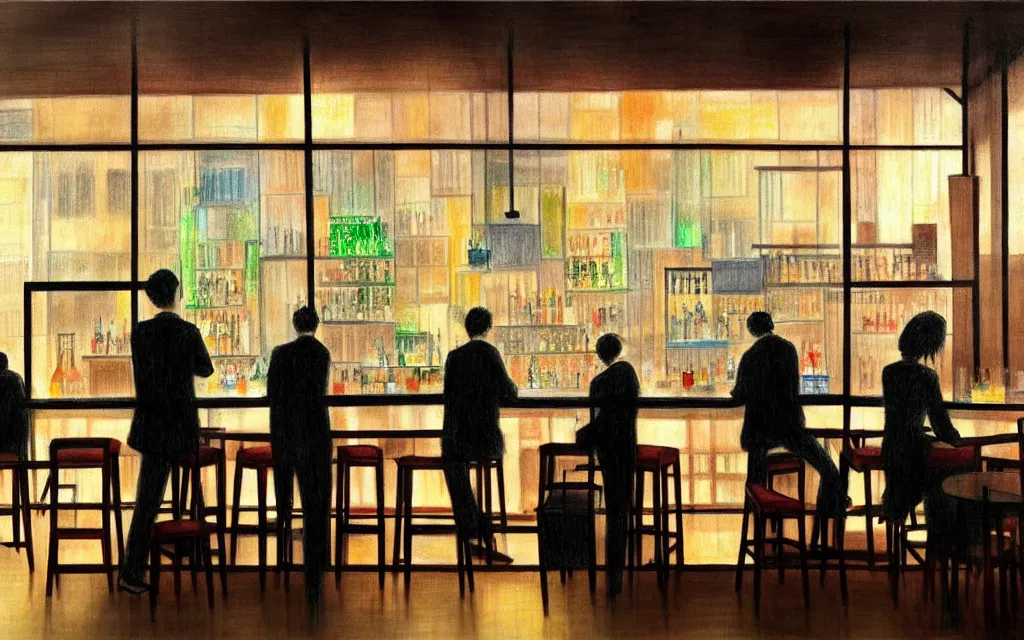 Image similar to feng zhu drawing of loft lounge with tall windows, few people, city in background, bar counter with bartender and few chairs nearby, sparse plants, dim painterly lighting volumetric aquatics, impasto