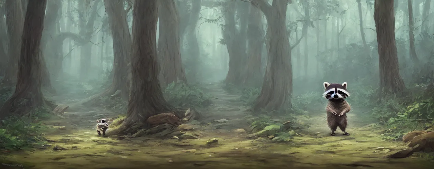 Prompt: Cute raccoon walks in the woods, trending on artstation, 30mm, by Noah Bradley