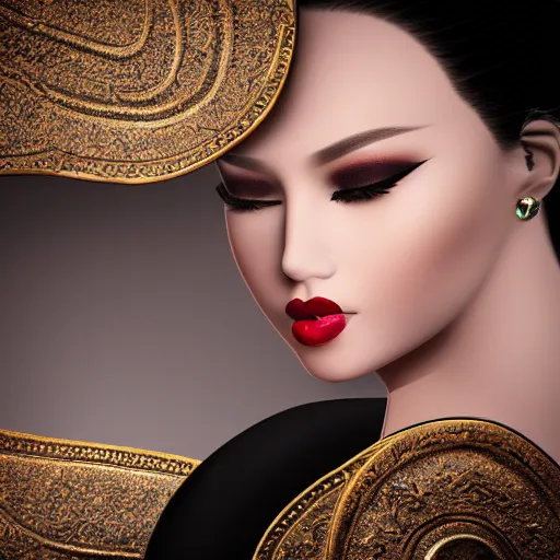 Prompt: complex 3 d render, ultra detailed, realistic photo of a beautiful porcelain skin woman, oval shape face, black long hair, wearing black dress, detailed almond eyes shape, red lipstick, plump lips, beautiful, studio photo, proportional, the grand sala thai on the background