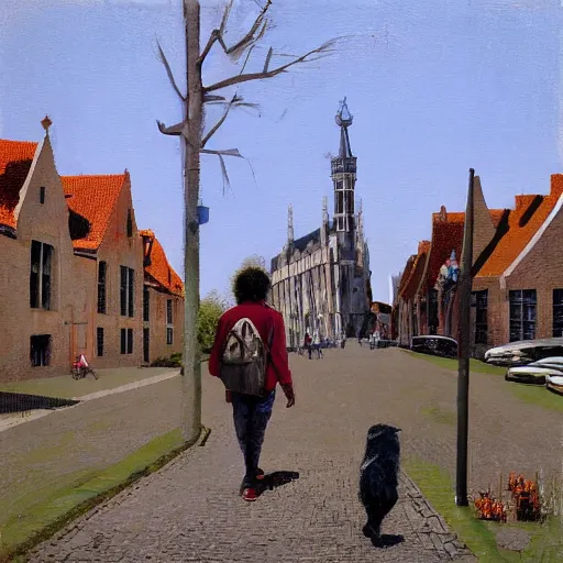 Image similar to bob marley walking in bruges, painted by scott listfield, sunny, happy