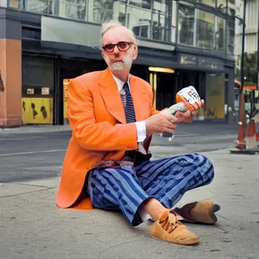 Image similar to hugh hopper holding an orange and a diet pepsi sitting on a street corner