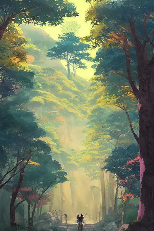 Image similar to avenida paulista in a colorful moutain with beautiful trees, morning, by studio ghibli painting, superior quality, masterpiece, traditional Japanese colors, by Grzegorz Rutkowski, concept art