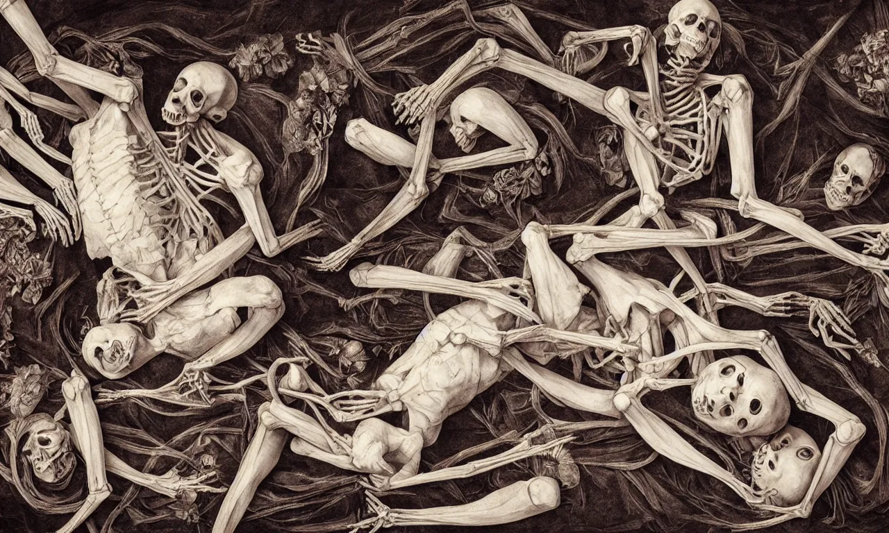 Prompt: intertwined bodies lying on a bed feeling an existential dread of love, HD Mixed media, highly detailed and intricate, skeletal, botany, surreal illustration in the style of Caravaggio, baroque dark art