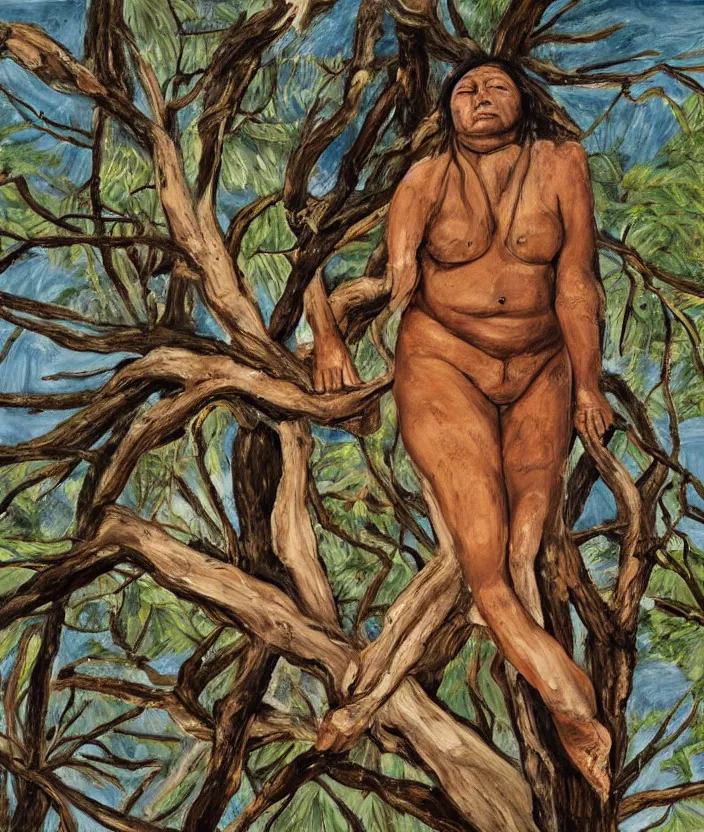 Image similar to indigenous woman on top of a tree, painted by lucian freud, hd, super detailed, realistic, muted colors