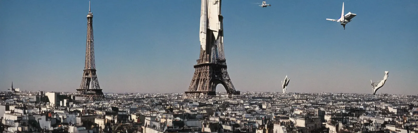 Image similar to Still from the 1969 movie MECHA-CONCORDE vs ROBO-EIFFEL the giant humanoid Eiffel Tower battles the swan-like superplane above the streets of paris-futur art direction by moebius hq production still technicolor