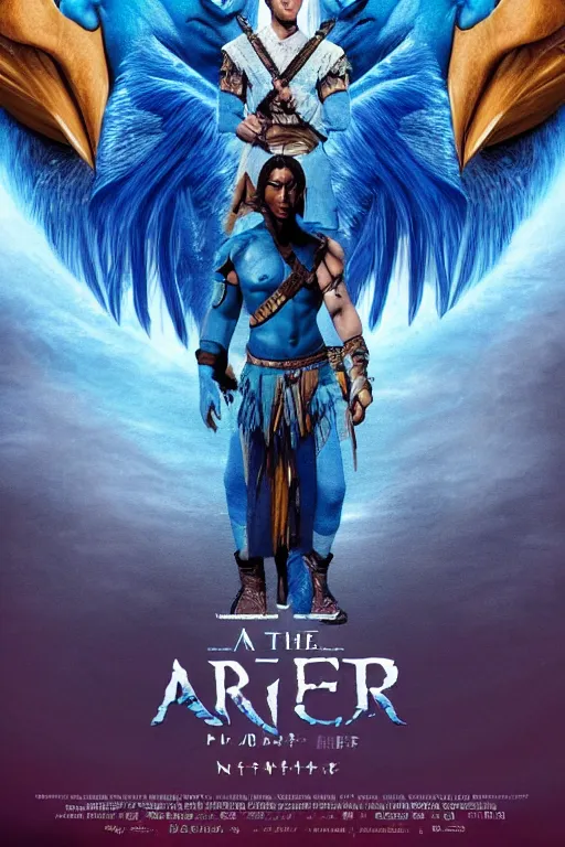 Image similar to a warrior princes with blue skin and a face of an eagle, avatar movie poster