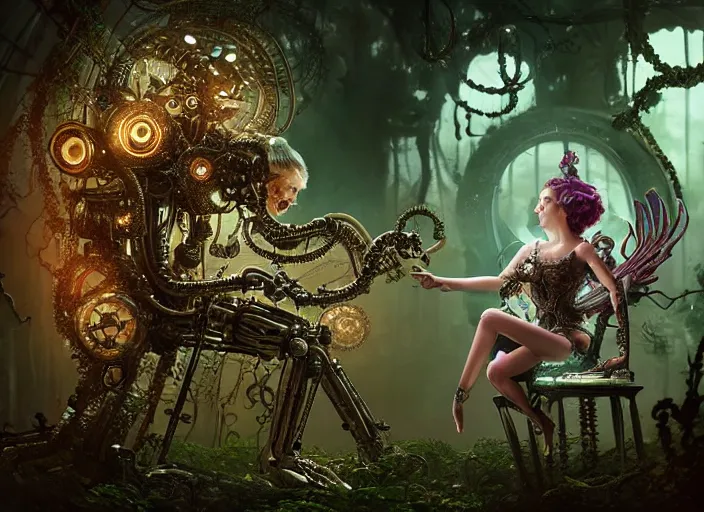 Image similar to intricate mechanical fairy with visible gears having tea with a cyborg gorgon medusa in a magical forest. Very detailed 8k. Fantasy cyberpunk horror. Sharp. Cinematic post-processing