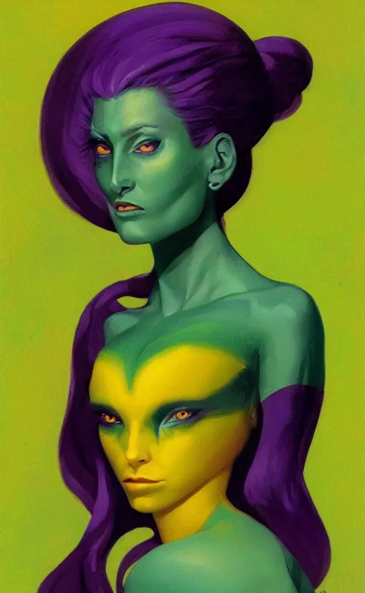 Prompt: portrait of princess of the dreamlands and moon beast, by brom, vibrant colors, yellow purple green, minimalist