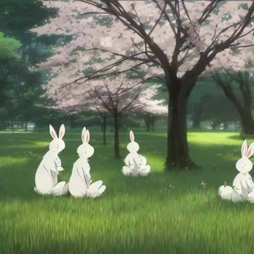 Image similar to A group of white bunny rabbits under the cherry tree, Makoto Shinkai