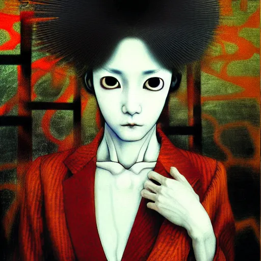 Image similar to yoshitaka amano blurred and dreamy realistic three quarter angle portrait of a young woman with black eyes wearing dress suit with tie, junji ito abstract patterns in the background, satoshi kon anime, noisy film grain effect, highly detailed, renaissance oil painting, weird portrait angle, blurred lost edges