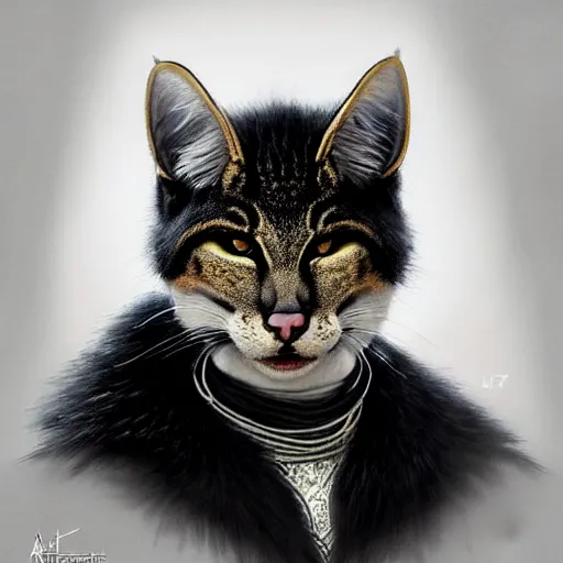 Image similar to portrait painting of a friendly tabaxi police officer with black and white fur, ultra realistic, concept art, intricate details, eerie, highly detailed, photorealistic, octane render, 8 k, unreal engine. art by artgerm and greg rutkowski and magali villeneuve and alphonse mucha