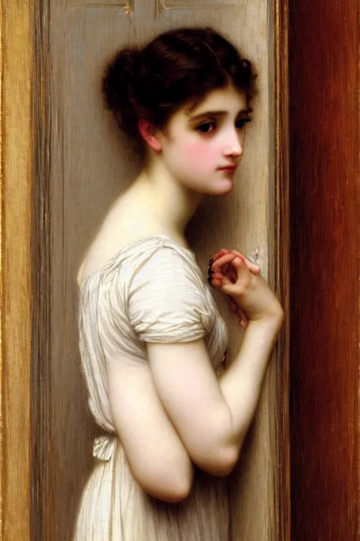 Image similar to girl in thought by auguste toulmouche and bouguereau, intimate lighting, perfect detailed eyes, beautiful hands, pale skin, blonde hair, leaning on door