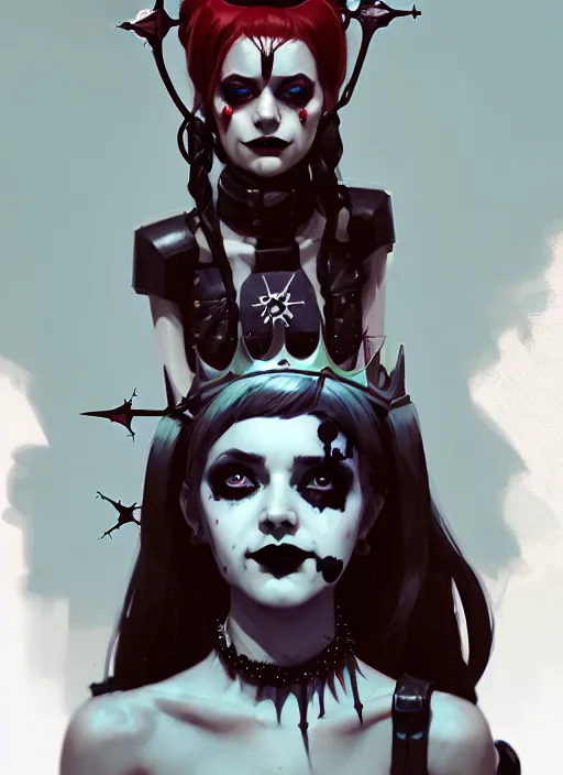 Prompt: portrait of cute goth harley quinn girl with crown of thorns, warhammer, cyberpunk, by atey ghailan, by greg rutkowski, by greg tocchini, by james gilleard, by joe fenton, by kaethe butcher, dynamic lighting, gradient light blue, brown, blonde cream and white color in scheme, grunge aesthetic