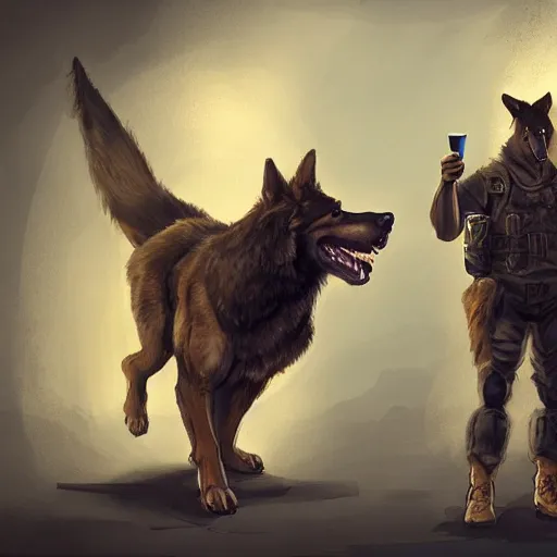 Image similar to two humanoid german shepherds beast - men in military style, they holding a beer, artstation, concept art, smooth, sharp foccus ilustration, artstation