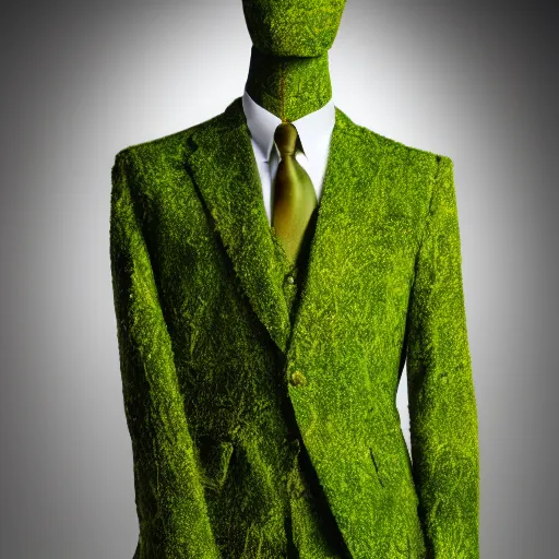 Image similar to a beautiful suit made out of moss, on a mannequin. studio lighting, high quality, high resolution