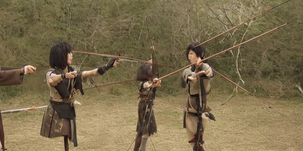 Prompt: film still from Ichirei Shite Kiss(2017) million japanese bows archery scene by Emmanuel Lubezki