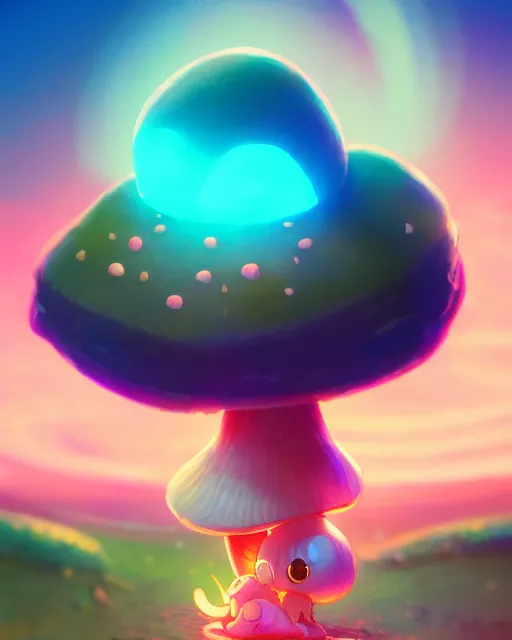 Image similar to concept art for a cute thicc mushroom creature, anime style, golden hour, lens flare, pastel pink glow, sitting on the beach | | epic - fine - clean, polished, trending on artstation, brush strokes