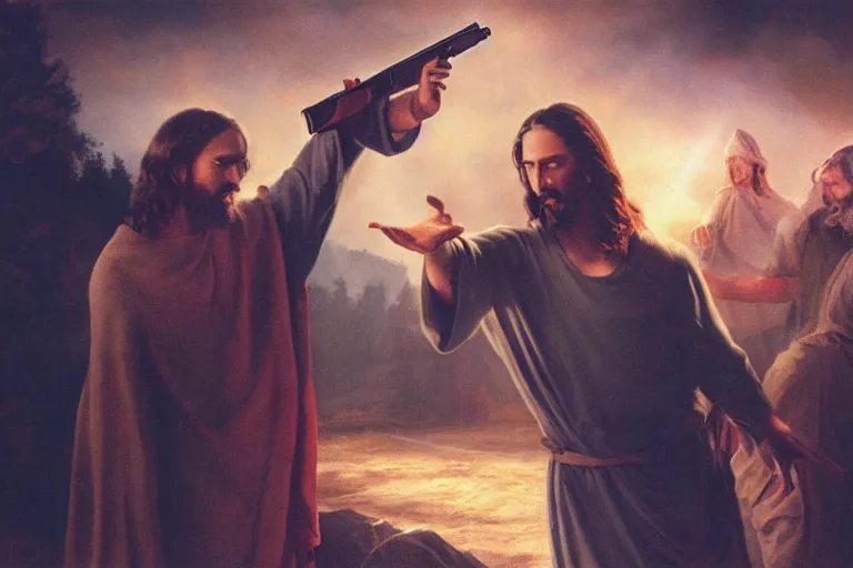 Prompt: real life photo of Jesus Christ holding a pistol shooting the devil satan lucifer of hell, 8k, hyperrealistic, very detailed, clean, professional photography, epic composition, side profile, high contrast, upscaled, god rays