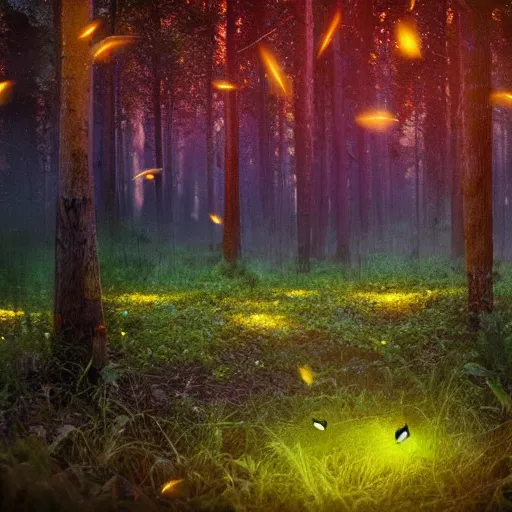 Prompt: glowing fireflies in the forest, cinematic