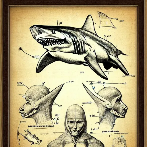 Prompt: anatomical drawing of shark, davinci style, medical drawing, blueprint, schematic, old school