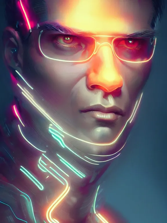 Prompt: portrait of male humanoid, intricate, masculine, cyber neon lights, highly detailed, digital photography, artstation, stylish pose, concept art, smooth, sharp focus, illustration, art by artgerm and greg rutkowski