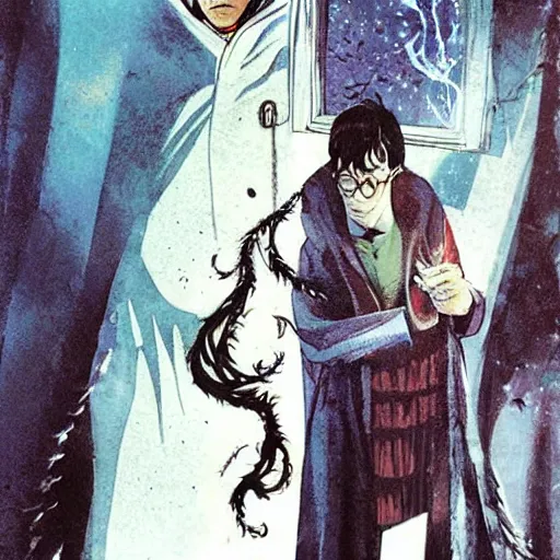 Image similar to Harry Potter as Sandman, by Neil Gaiman, by Dave McKean, comics Sandman, small details, whole-length, clear faces, high detail