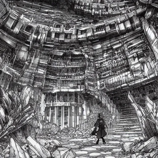 Image similar to stunning concept art for an underground city by kentaro miura, hyper-detailed, professional illustration