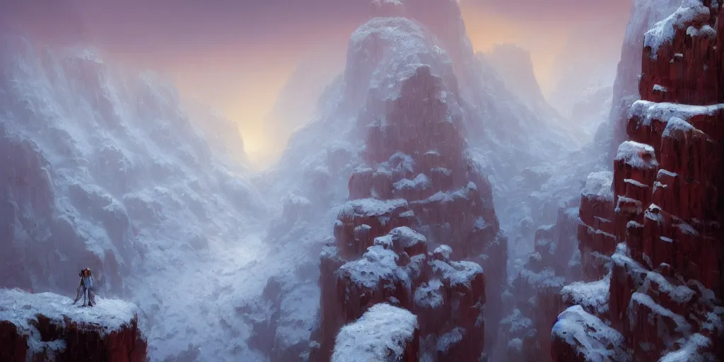 Prompt: looking down into a snowy craggy canyon, low rim light through low lying clouds, extremely detailed oil painting, unreal 5 render, rhads, Bruce Pennington, Studio Ghibli, tim hildebrandt, digital art, octane render, beautiful composition, trending on artstation, award-winning photograph, masterpiece, cold snowy