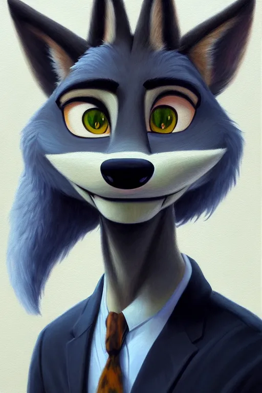 Image similar to oil painting of anthromorphic female wolf, in style of zootopia, female fursona, furry, furaffinity, 4 k, deviantart, furry art, fursona art, wearing black business suit, business suit, wolf fursona, female, very expressive detailed feminine face,