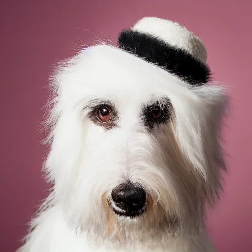 Prompt: closeup photo of a smiling black coton-de-tulear dog with black fur, smoking a pipe and wearing and a fluffy hat, dramatic lighting