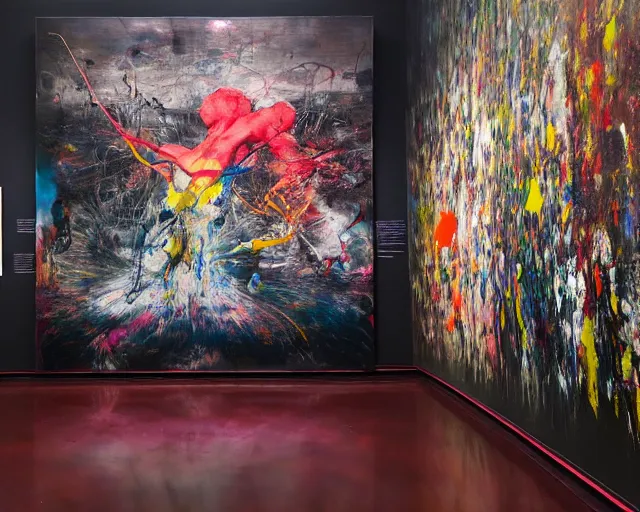 Image similar to otherworldly being standing in gallery of art, a brutalist designed, rich deep vivid colours, broad brush strokes!, painted by francis bacon, michal mraz, adrian ghenie, nicola samori, james jean!!! and petra cortright, part by gerhard richter, part by takato yamamoto. 8 k masterpiece.