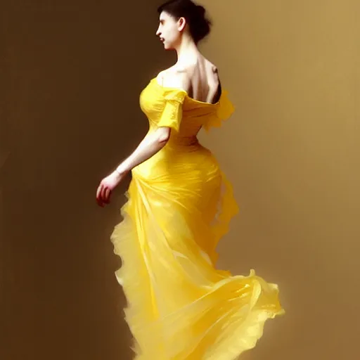 Image similar to a woman in a yellow organza dress dancing, intricate, elegant, digital painting, realistic, concept art, smooth, sharp focus, illustration, by ruan jia and mandy jurgens and william - adolphe bouguereau, artgerm