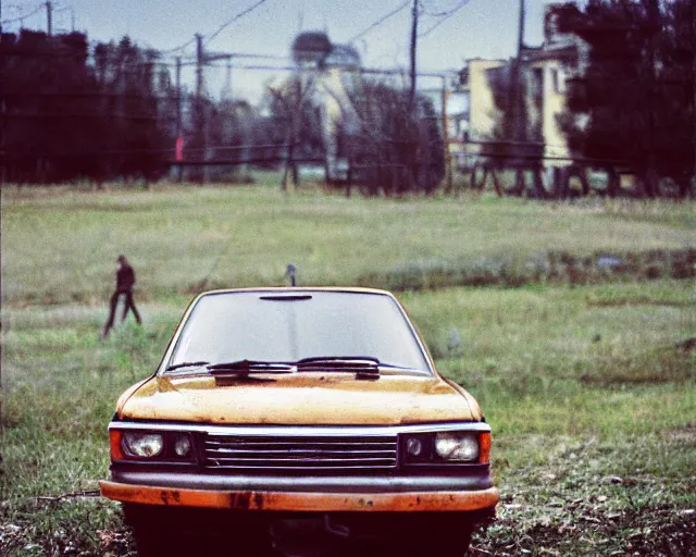 Image similar to a lomographic photo of old lada 2 1 0 7 standing in typical soviet yard in small town, hrushevka on background, cinestill, bokeh