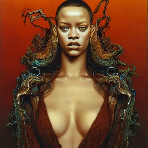 Image similar to rihanna by zdzisław beksinski, iris van herpen, raymond swanland and alphonse mucha. highly detailed, hyper - real, beautiful