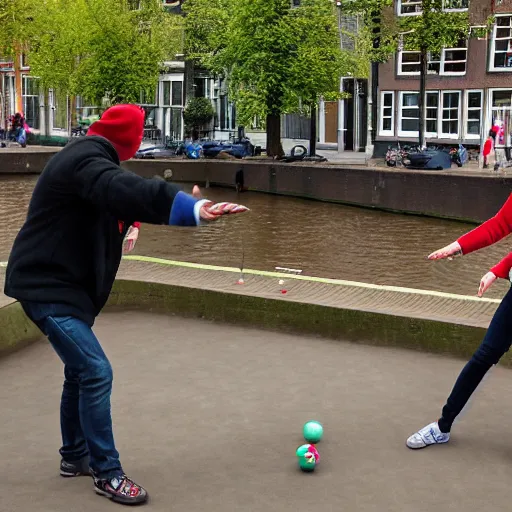 Prompt: playing petanque near amsterdam canals in style of rembrandt van rijn