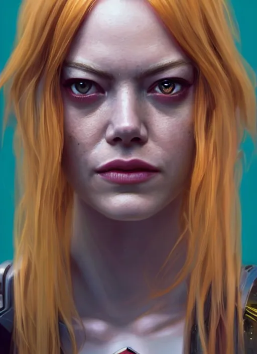 Image similar to portrait of Emma Stone as an actress character in Cyberpunk 2077, looking at camera, intricate, long blond hair, elegant, sci-fi, extremely detailed, digital painting, artstation, concept art, smooth, sharp focus, illustration, ambient lighting, incredible art by artgerm and greg rutkowski and alphonse mucha and simon stalenhag