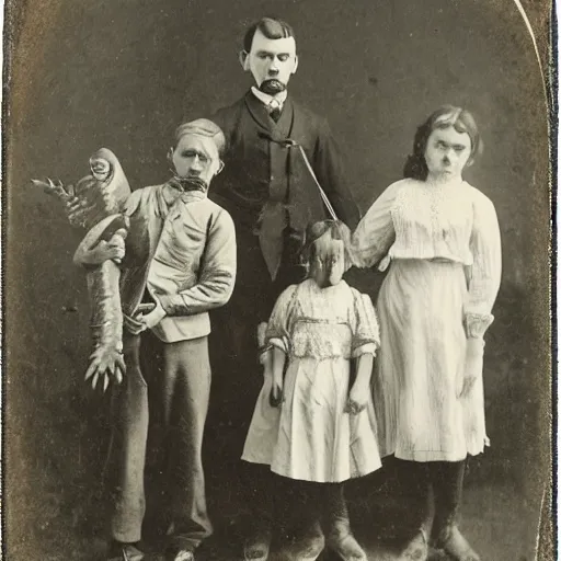 Prompt: daguerrotype of a family with a pet velociraptor 1 9 0 0