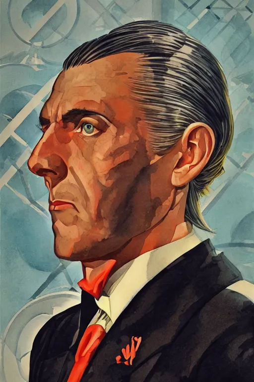 Prompt: zoomed out portrait of a duke, art deco style, stylized illustration by brom, watercolor gouache detailed paintings in style of syd mead, diesel punk, artstation