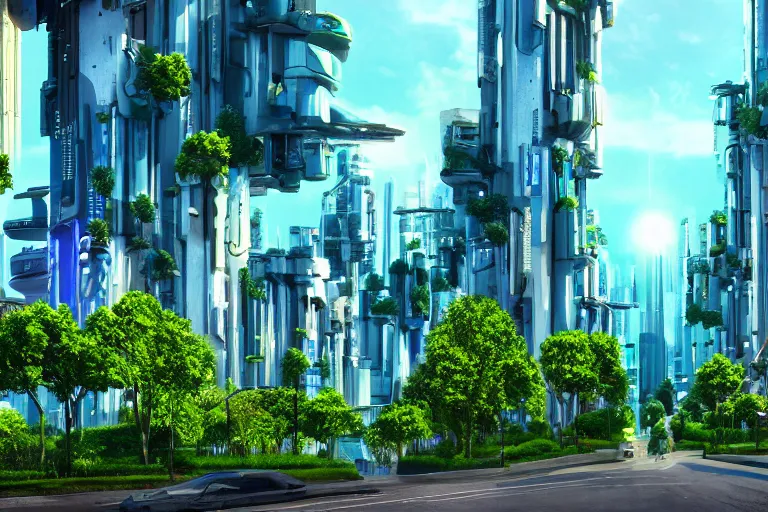 Prompt: an ultra realistic cinematic wideangle photograph of a utopian futuristic city street, green plants, blue sky, beautiful lighting, ultra realistic, movie still, futuristic utopia, ultra realistic