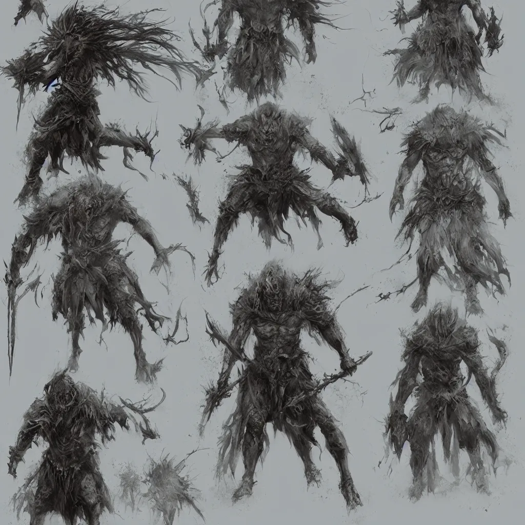 Image similar to feral chieftain charector concept sheet, beksinski, ruan jia, the hobbit orc concept, dark soul concept