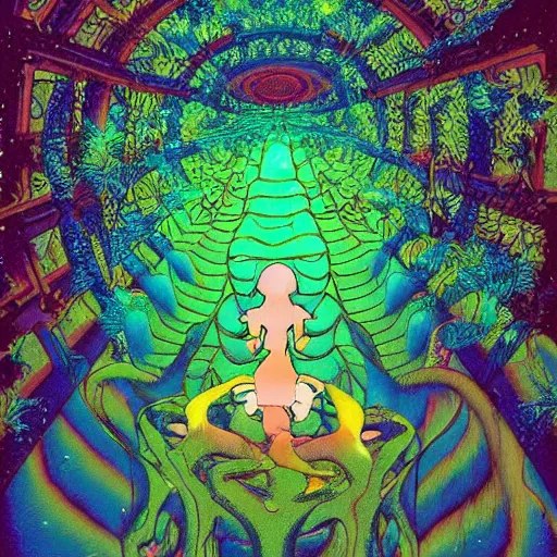 Image similar to A beautiful composition of a psychedelic glowing spirit animal psychonaut floating above a hedge maze, DMT, rich details full of texture, realistic eyes, artwork by Satoshi Kon and Yoshitaka Amano and Moebius