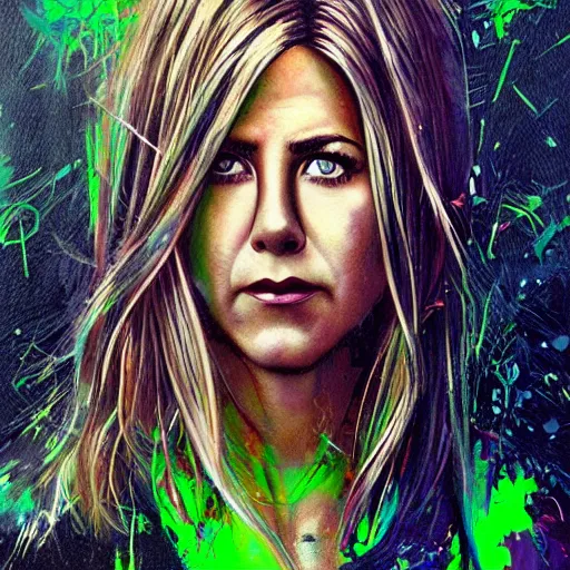 Prompt: a Demon Slayer portrait of Jennifer Aniston, tall, pale-skinned, slender with lime green eyes and long eyelashes by Stanley Artgerm, Tom Bagshaw, Arthur Adams, Carne Griffiths, trending on Deviant Art, street art, face enhance, chillwave, maximalist, full of color, glittering