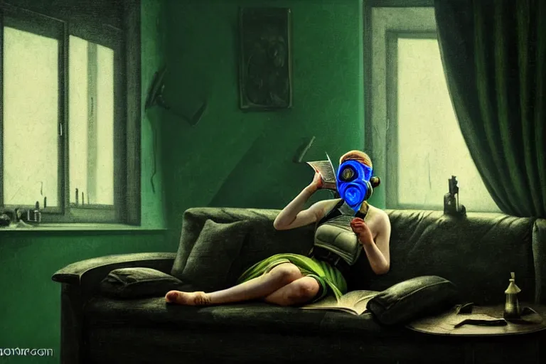 Image similar to girl with wearing a gas mask lying on the sofa reading a book in her room, in the style of dariusz zawadzki, solarpunk, exact anatomy, atmospheric, clean, intricate and epic composition, green by caravaggio, insanely quality, highly detailed, masterpiece, blue light, artstation, 4 k