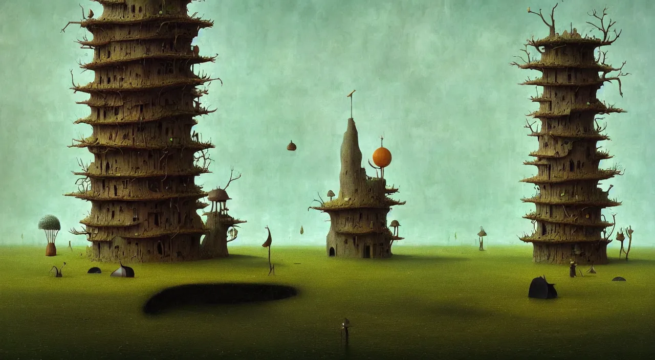 Prompt: single flooded simple fungus wooden tower, very coherent and colorful high contrast ultradetailed photorealistic masterpiece by franz sedlacek hieronymus bosch gediminas pranckevicius dean ellis simon stalenhag rene magritte, dark shadows, sunny day, hard lighting, minimalist